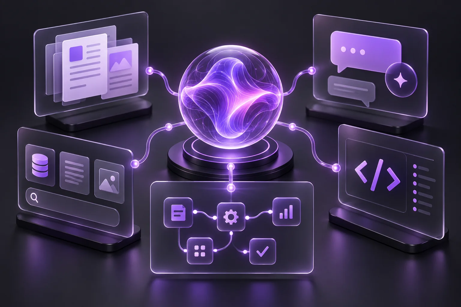 Concept illustration of an AI core connecting documents, conversations, code and automated workflows