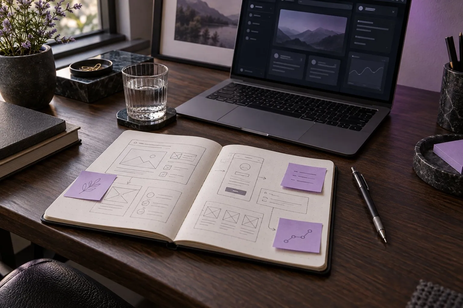 Wireframes and interface concepts on a planning desk