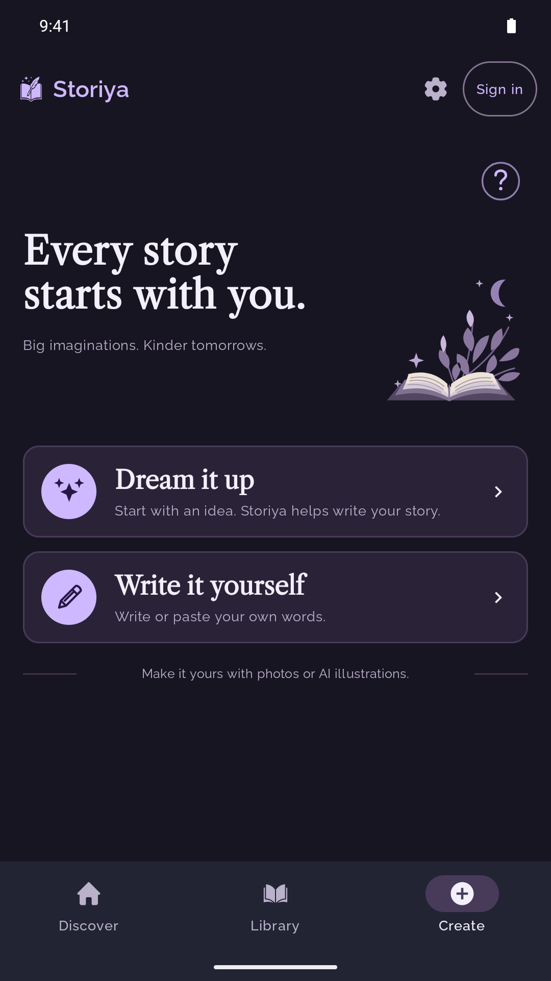 Storiya’s Create screen with Dream it up and Write it yourself story creation options